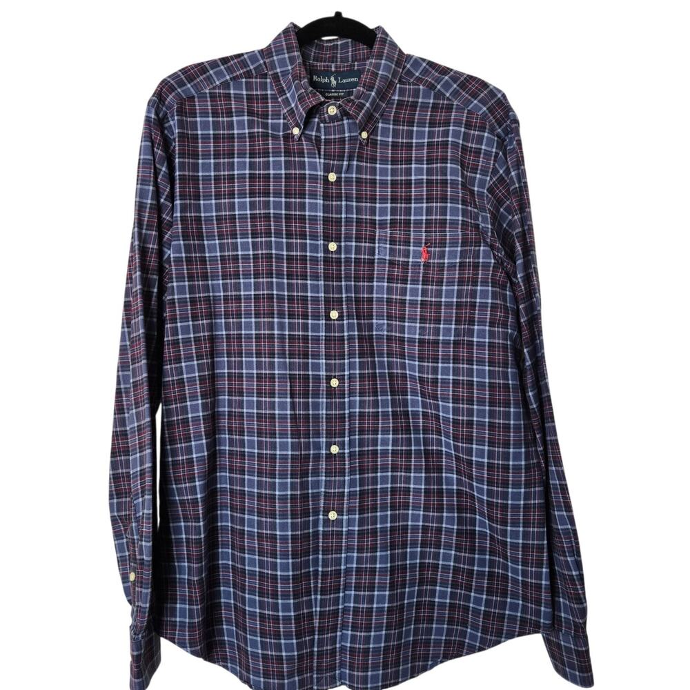 Ralph Lauren VTG Dress Shirt Blue Purple Check Mens Large Classic Fit Oxford